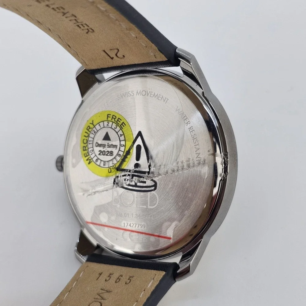 Movado Bold Men's‎ Watch 42MM Gray Dial Dark Blue Leather Bands New Battery